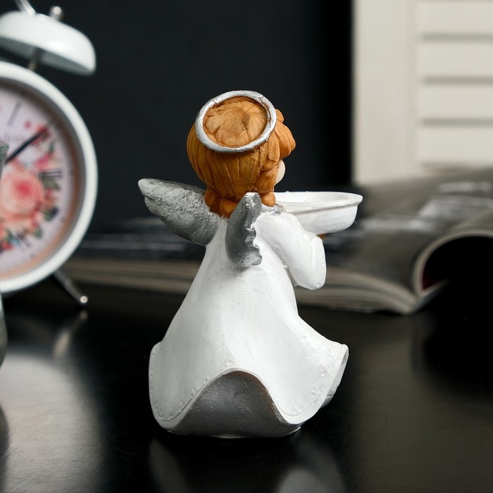 Сувенир полистоун подсвечник "Ангелочек с серебристыми крыльями" 12,6х8х8 см