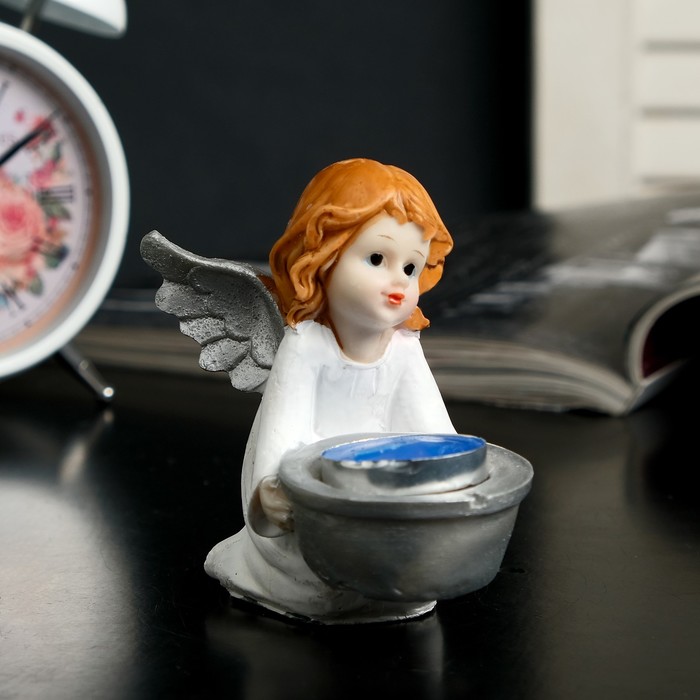 Сувенир полистоун со свечой "Ангелочек с серебристыми крыльями" МИКС 9,7х6,5х9,5 см