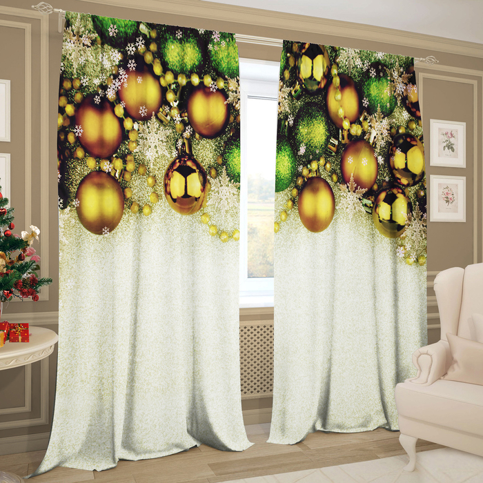 Шторы Новогодние шары 147х267 +/- 3см 2 шт, габардин, п/э