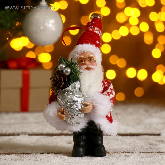 Дед Мороз В красной шубке с серебристым мешком 14 см