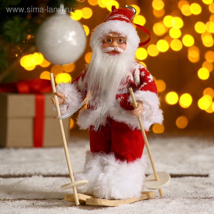 Дед Мороз На лыжах в вязаном костюме, 17 см
