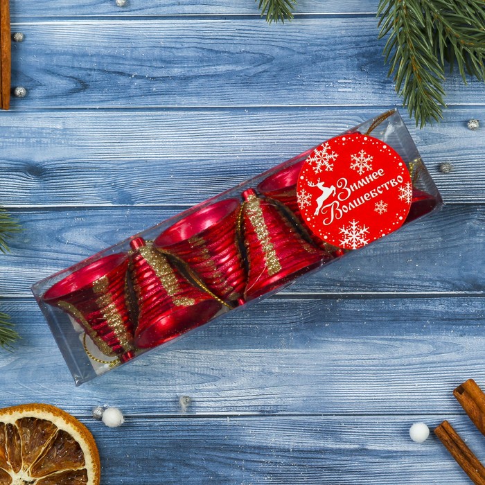 Украшение ёлочное "Колокольчик" вертикальные полосы (набор 6 шт) 4*3,5 см, красный