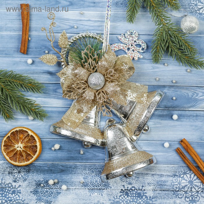 фото Украшение новогоднее "три колокольчика на кольце с цветком и декором" 18,5х24 см зимнее волшебство