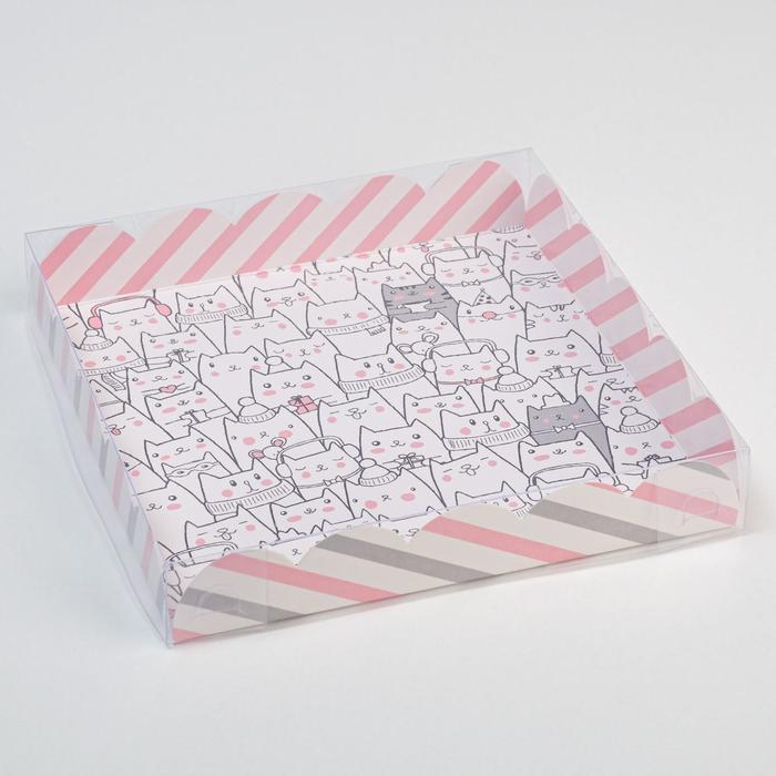 Коробка для кондитерских изделий с PVC крышкой «Котики», 18 х 18 х 3 см