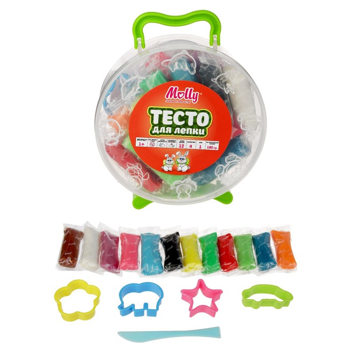 Тесто для лепки 12 цв 180 гр + 4 формочек, нож M2333