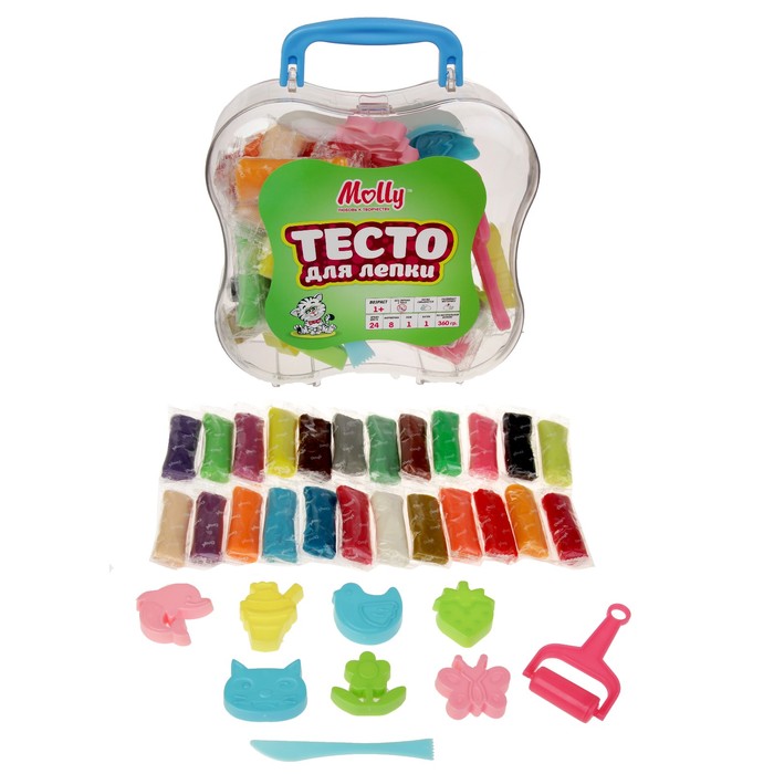 Тесто для лепки 24 цв 360 гр + 8 формочек, нож, каток M2334