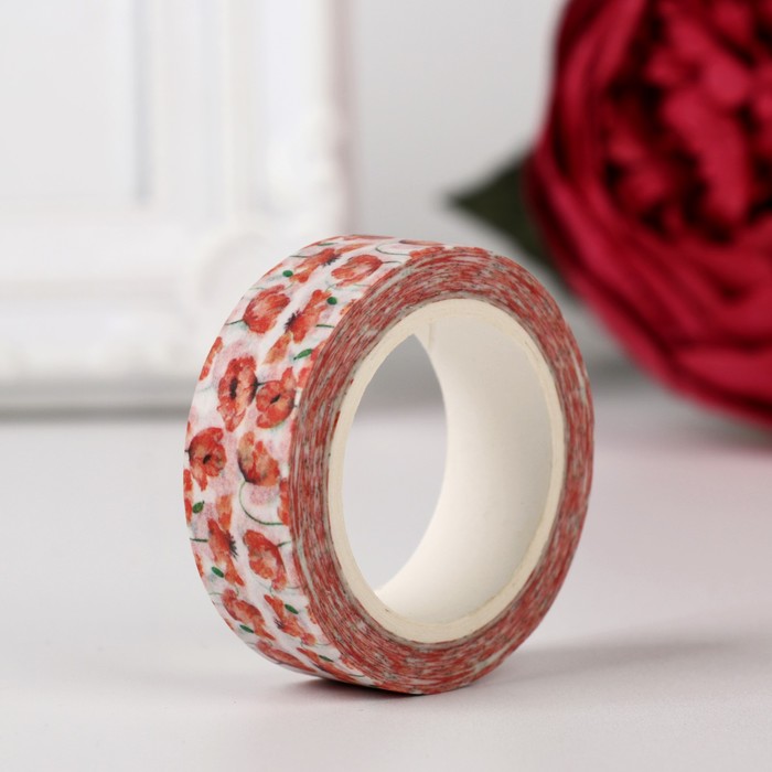 Клейкая лента декоративная бумажная "Маки" ширина 1,5 см намотка 10 метров