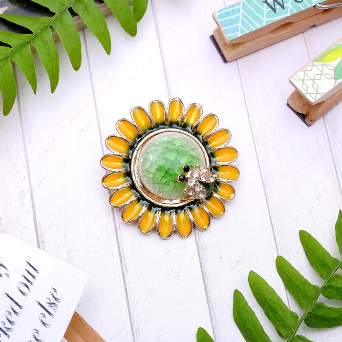 Брошь "Подсолнух" и пчелка, цветная в золоте