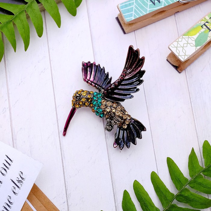 Брошь "Колибри" яркая, цветная в черненом кофейном золоте