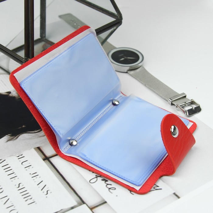 Визитница, 24 кардхолдера, на кнопке, цвет красный