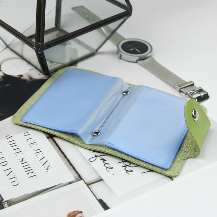 Визитница, 24 кардхолдера, на кнопке, цвет зелёный