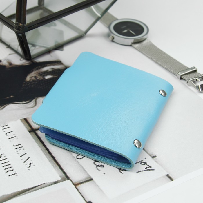 Визитница, 24 кардхолдера, на кнопке, цвет голубой