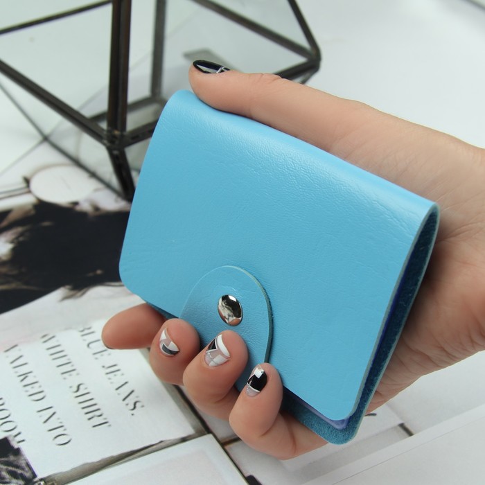 Визитница, 24 кардхолдера, на кнопке, цвет голубой