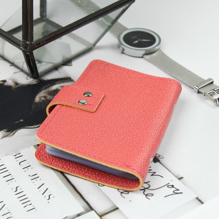 Визитница, 24 кардхолдера, на кнопке, цвет коралловый