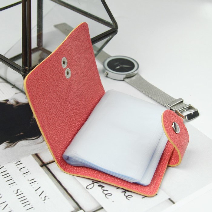 Визитница, 24 кардхолдера, на кнопке, цвет коралловый