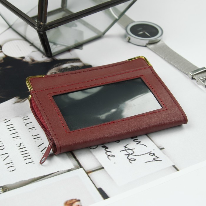 Визитница, 36 кардхолдеров на молнии, прозрачное окно, цвет бордовый