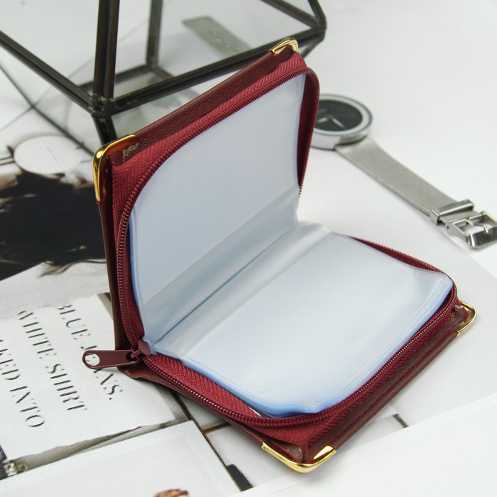 Визитница, 36 кардхолдеров на молнии, прозрачное окно, цвет бордовый