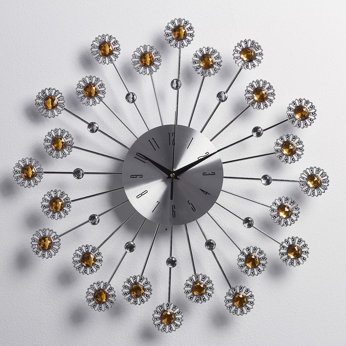 Часы настенные, серия Ажур «Ромашки», янтарные кристаллы, серебристые, d=42 см
