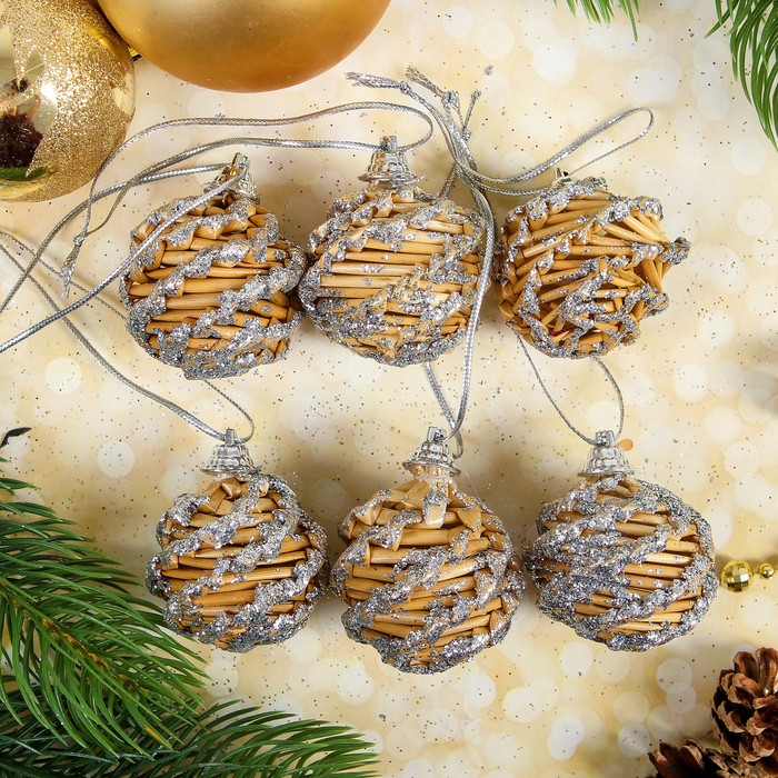 Эко-декор "Шишки", серебряное напыление, 6 шт. в наборе