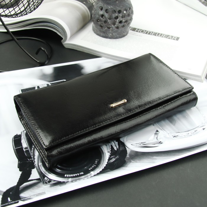 Кошелёк женский, 2 отдела рамка, 3 отдела, для карт на клапане, цвет чёрный