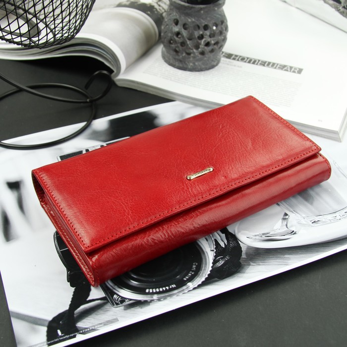 Кошелёк женский, 2 отдела рамка, 3 отдела, для карт на клапане, цвет красный