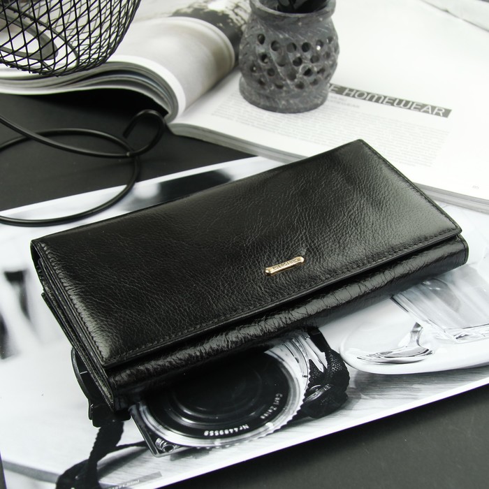 Кошелёк женский, 3 отдела, для карт на клапане, 2 отдела рамка, цвет чёрный