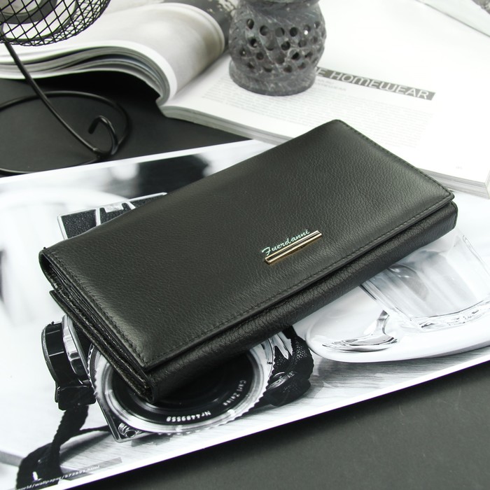 Кошелёк женский, 3 отдела, для карт на клапане, 2 отдела рамка, цвет чёрный