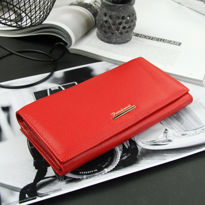 Кошелёк женский, 3 отдела, для карт на клапане, 2 отдела рамка, цвет красный