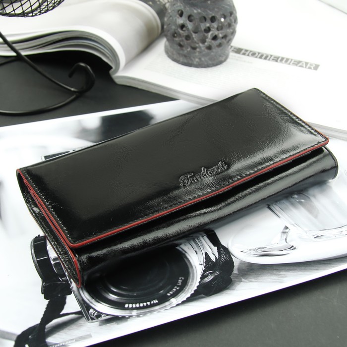 Кошелёк женский, 2 отдела рамка, 3 отдела, для карт на клапане, цвет чёрный