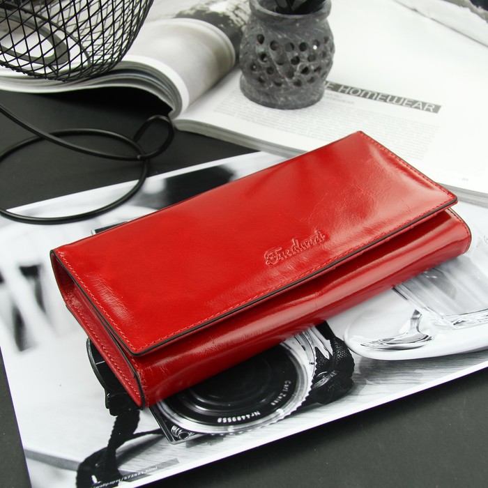 Кошелёк женский, 2 отдела рамка, 3 отдела, для карт на клапане, цвет красный