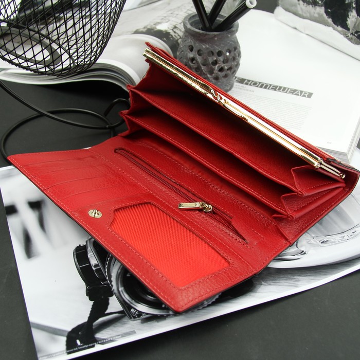 Кошелёк женский, 2 отдела рамка, 3 отдела, для карт на клапане, цвет красный