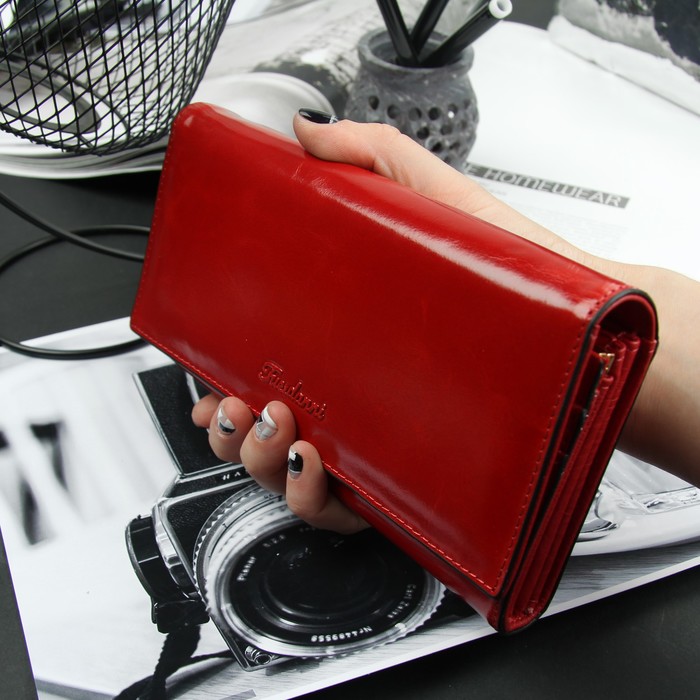 Кошелёк женский, 2 отдела рамка, 3 отдела, для карт на клапане, цвет красный