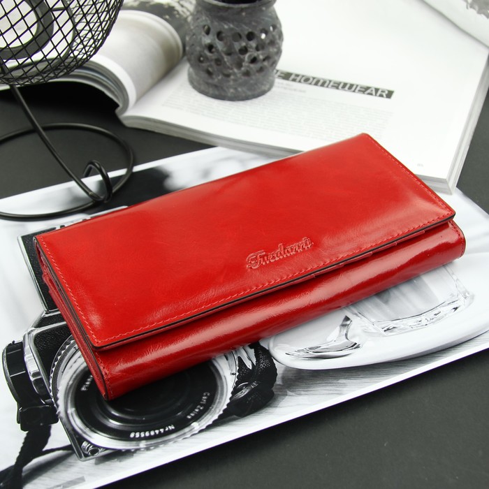 Кошелёк женский, 3 отдела, для карт на клапане, 2 отдела рамка, цвет красный