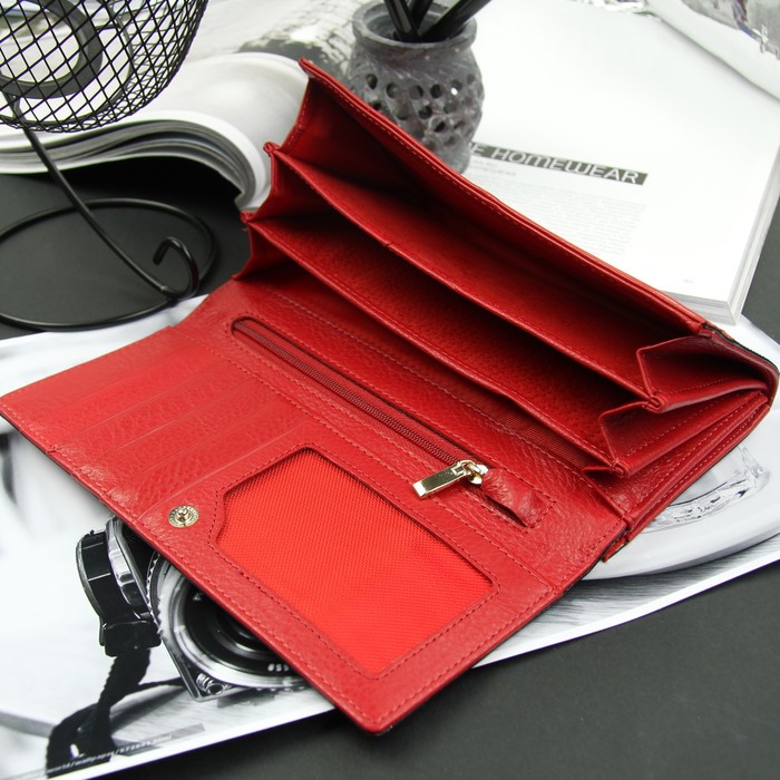 Кошелёк женский, 3 отдела, для карт на клапане, 2 отдела рамка, цвет красный