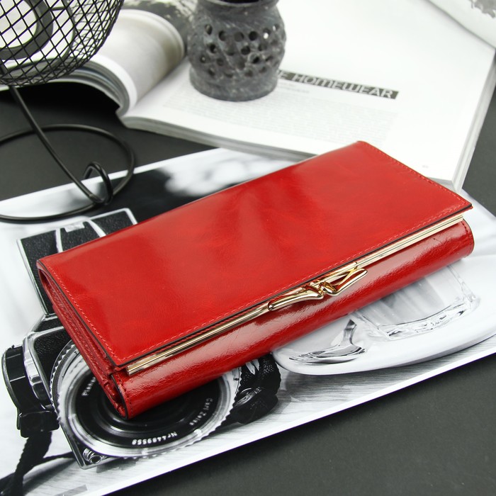 Кошелёк женский, 3 отдела, для карт на клапане, 2 отдела рамка, цвет красный