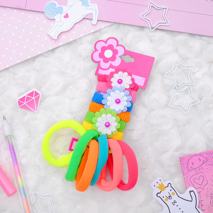 Резинка для волос "Детский каприз" набор 12 штук неон цветок с белым