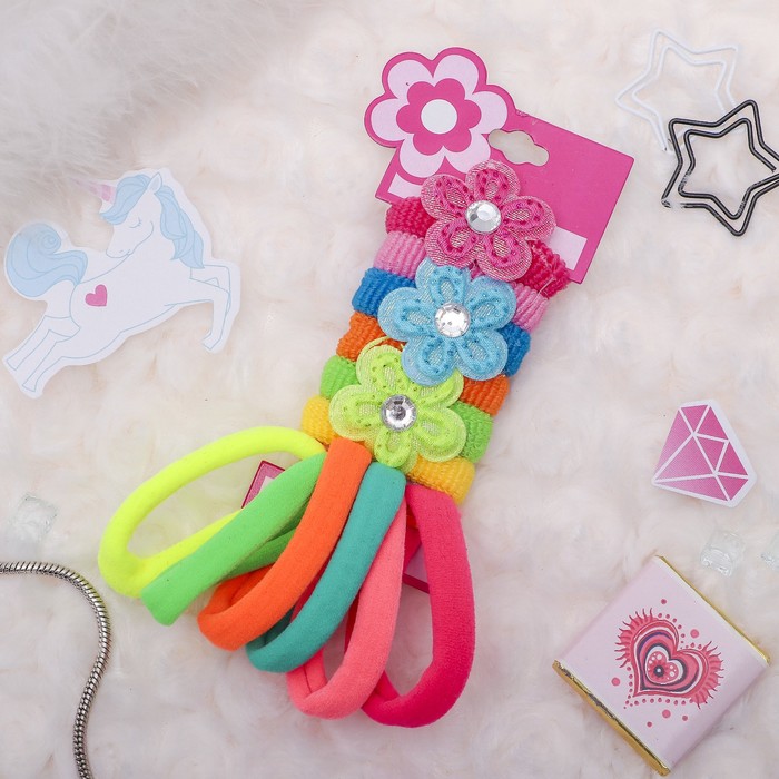 Резинка для волос "Детский каприз" набор 12 штук неон цветок двойной