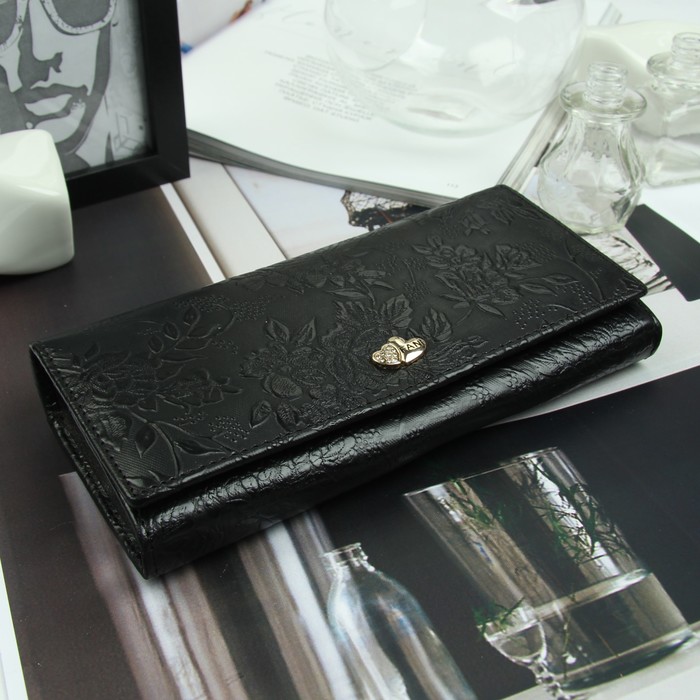 Кошелёк женский, 2 отд рамка, 3 отдела, для карт, наружный карман, цвет чёрный