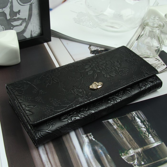 Кошелёк женский, 2 отд рамка, 3 отдела, для карт, для монет, цвет чёрный