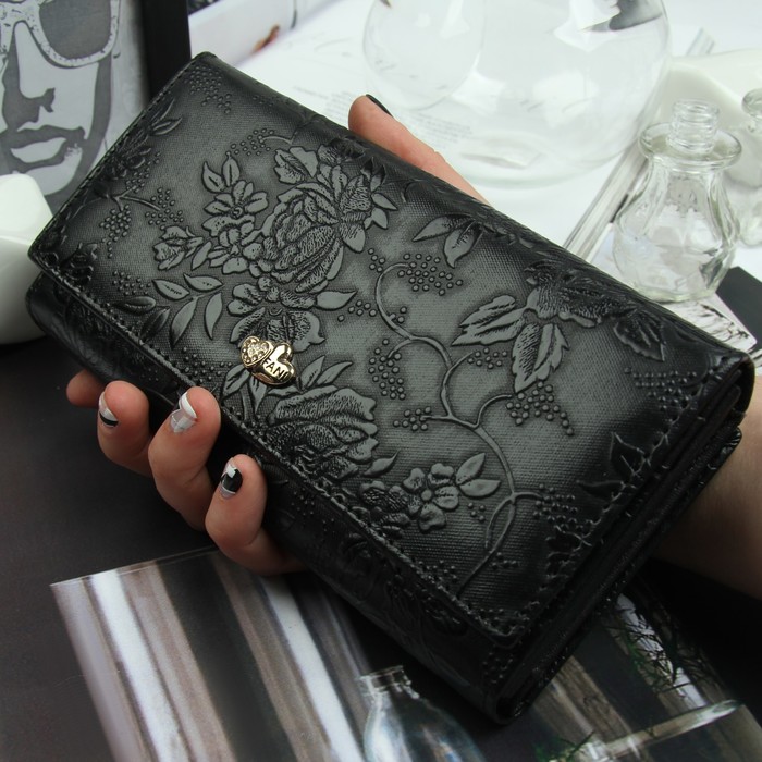 Кошелёк женский, 4 отдела, для карт, для монет, цвет чёрный