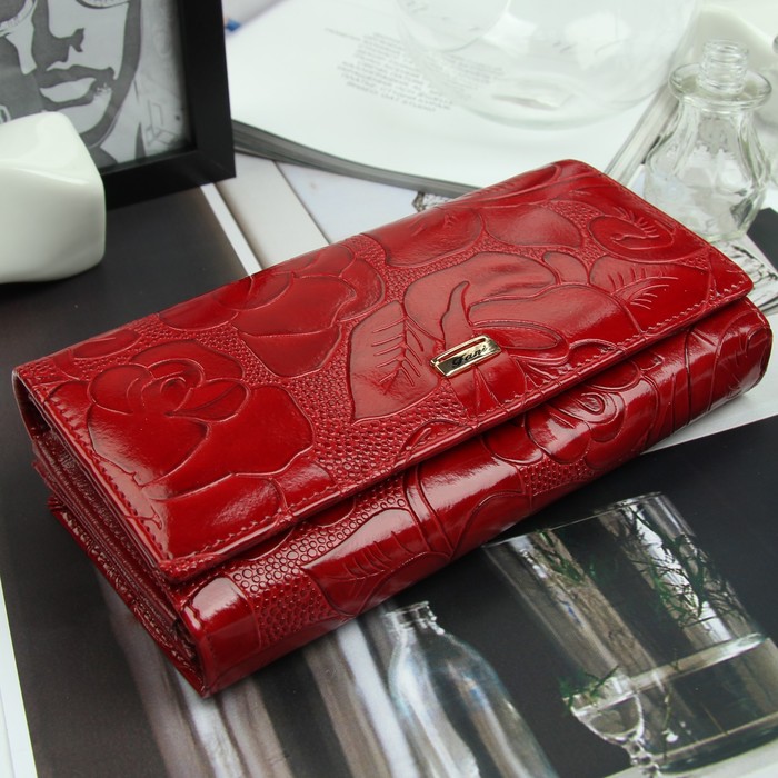 Кошелёк женский, 2 отд рамка, 3 отдела, для карт, 2 отдела на молнии, цвет красный