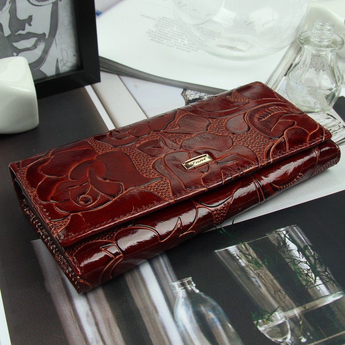 Кошелёк женский, 2 отд рамка, 3 отдела, для карт, наружный карман, цвет коричневый