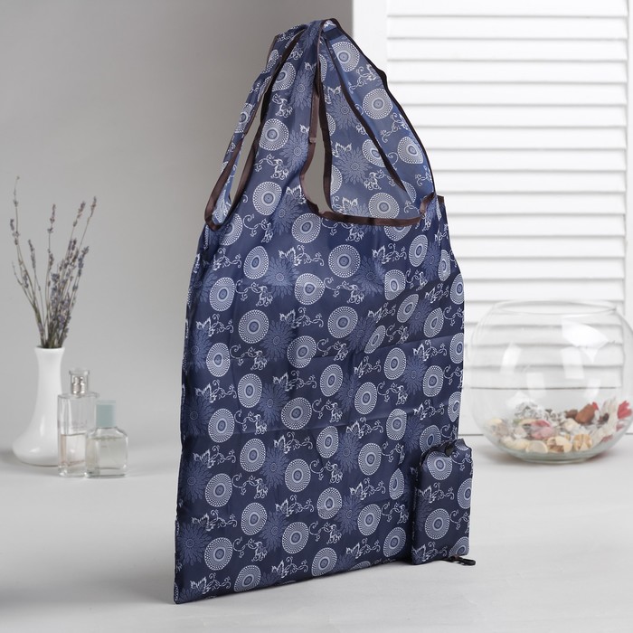 Сумка складная "Цветочный сад", отдел, с карабином, цвет чёрный/синий