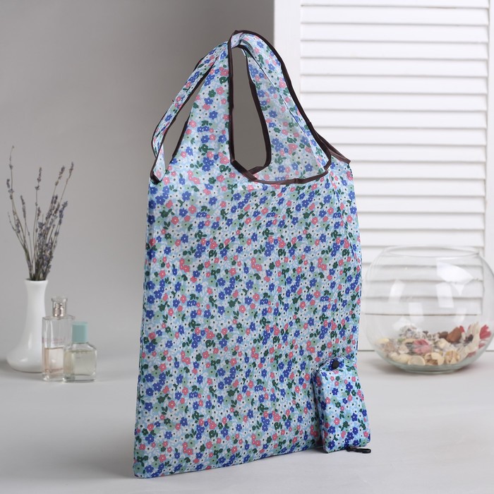 Сумка складная "Цветочки", отдел, с карабином, цвет голубой