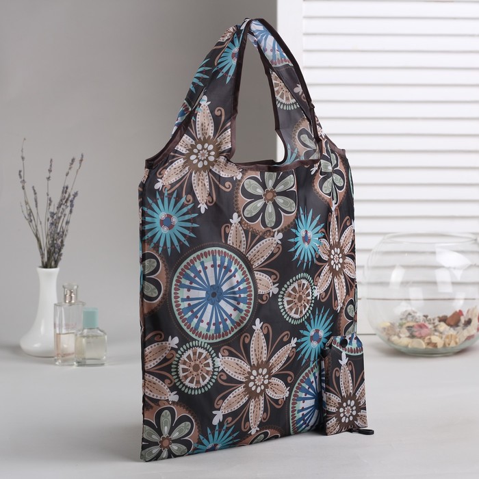 Сумка складная "Цветок", отдел, с карабином, цвет чёрный/бежевый