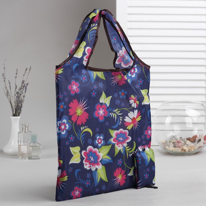 Сумка складная "Цветочное настроение", отдел, с карабином, цвет синий