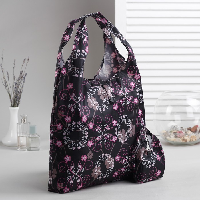 Сумка складная "Цветочные мечты", отдел на кнопке, водонепроницаемая, цвет чёрный