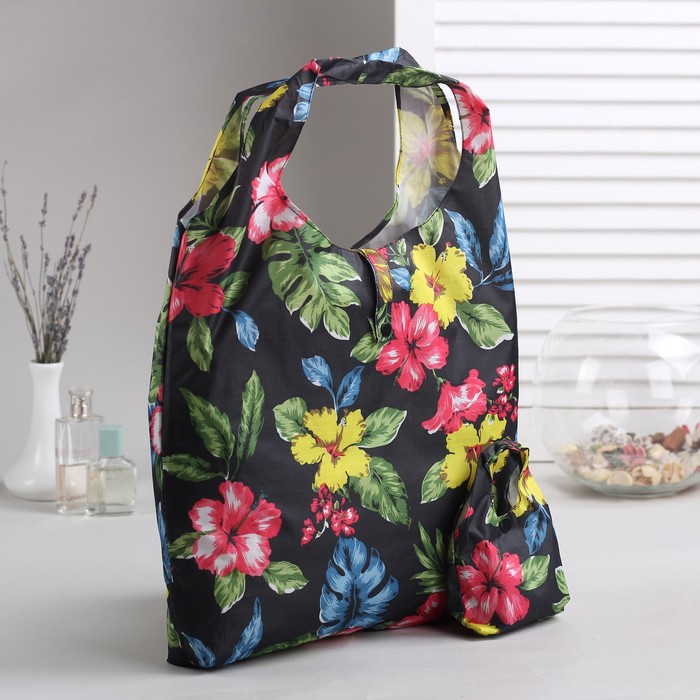 Сумка складная "Цветущие поля", отдел на кнопке, водонепроницаемая, цвет чёрный