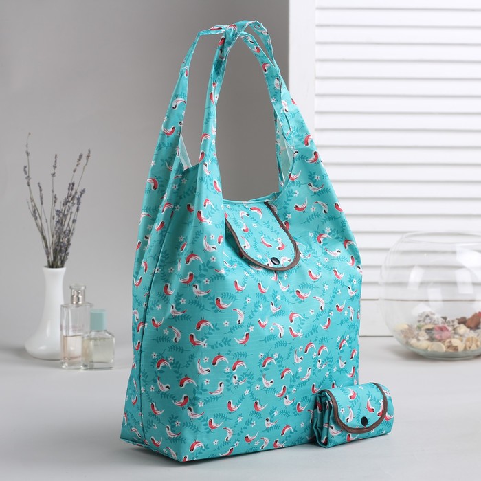 Сумка складная "Птички", отдел на кнопке, водонепроницаемая, цвет голубой