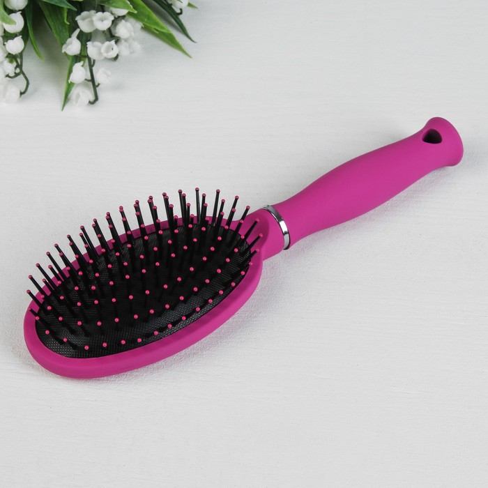 Расчёска массажная "Роза" №6, овальная, 23(±1)см, прорезиненная, цвет розовый/серебристый